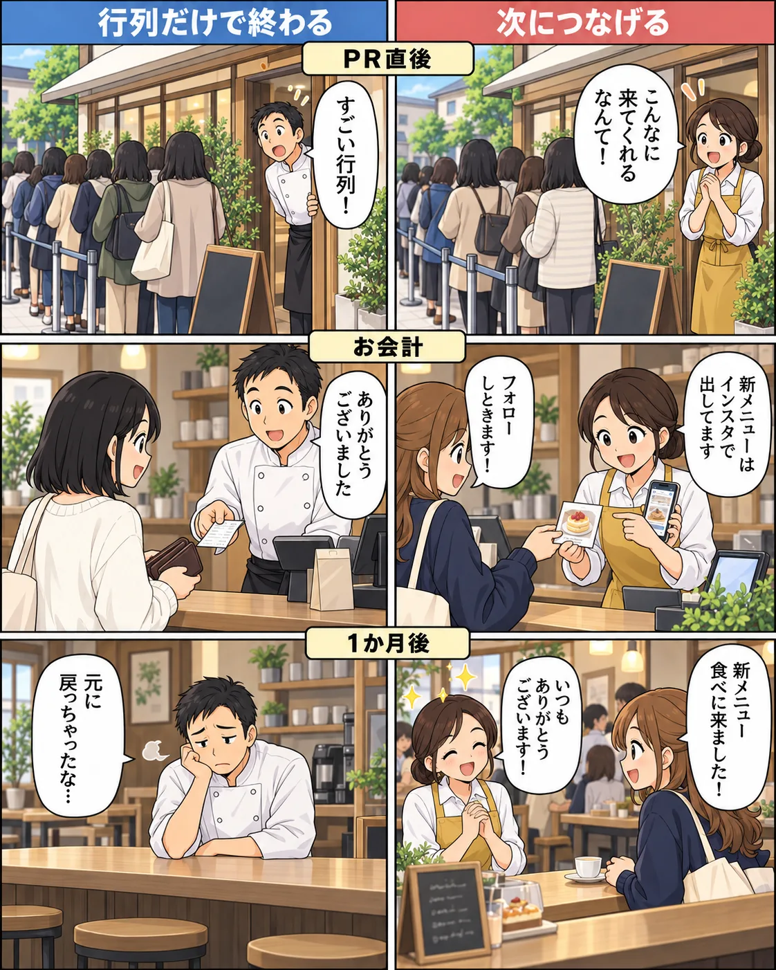 比較漫画。左は「行列だけで終わる」、右は「次につなげる」。PR直後：左の店主は「すごい行列！」、右の店主は「こんなに来てくれるなんて！」。お会計：左は「ありがとうございました」だけ、右は「新メニューはインスタで出してます」と伝え、お客さんが「フォローしときます！」。1か月後：左の店主は「元に戻っちゃったな…」、右ではお客さんが「新メニュー食べに来ました！」、店主が「いつもありがとうございます！」。