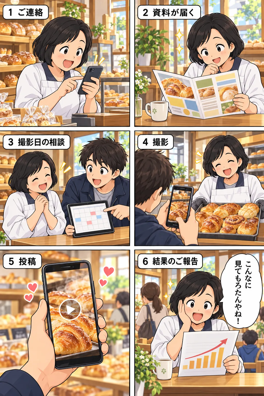 漫画で見るご依頼の流れ。1 ご連絡：パン屋の店主がスマホでメッセージを送る。2 資料が届く：店主が資料を読む。3 撮影日の相談：店主とチチトコがカレンダーを見ながら相談。4 撮影：チチトコがスマホを縦に構えて焼きたてのパンを撮影。5 投稿：スマホにパンの縦動画が流れる。6 結果のご報告：店主が報告書を見て「こんなに見てもろたんやね！」。
