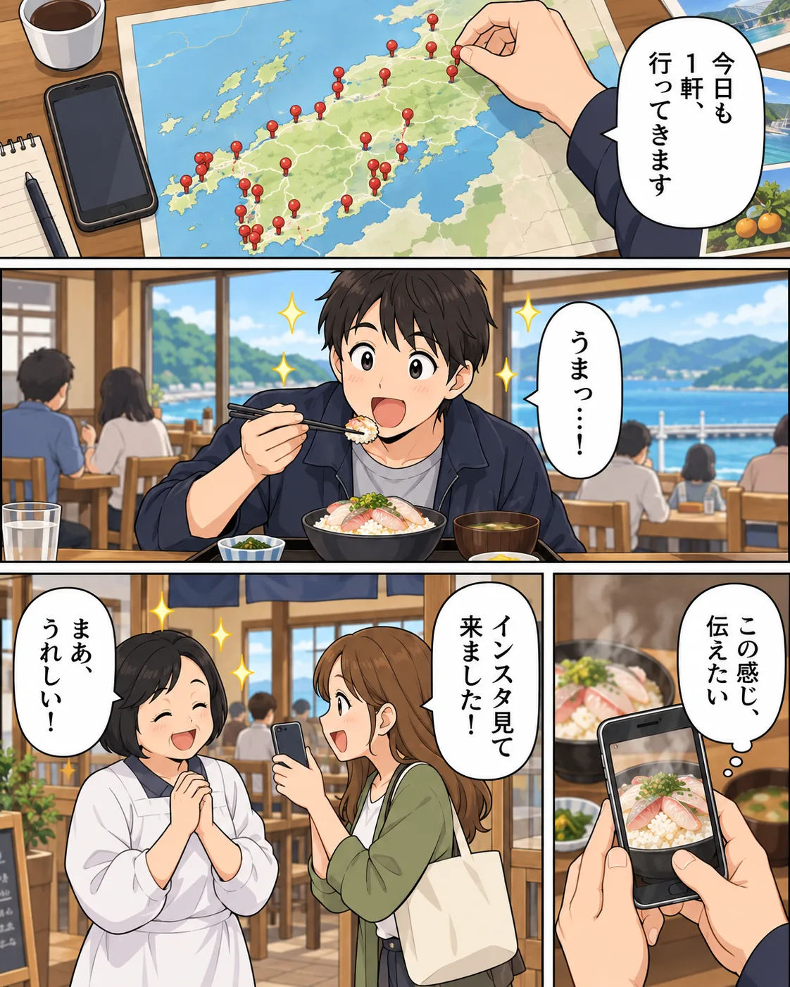 漫画。1コマ目：四国の地図にピンを刺しながら、チチトコが「今日も1軒、行ってきます」。2コマ目：海の見える食堂で海鮮丼を食べて「うまっ…！」。3コマ目：お客さんが店主に「インスタ見て来ました！」、店主は「まあ、うれしい！」。4コマ目：スマホで料理を撮りながら「この感じ、伝えたい」。