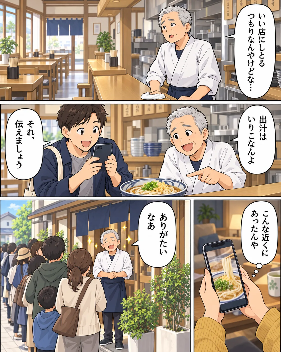 漫画。1コマ目：うどん店の店主が「いい店にしとるつもりなんやけどな…」。2コマ目：店主が「出汁はいりこなんよ」と話し、スマホを構えたチチトコが「それ、伝えましょう」。3コマ目：店の前に行列ができ、店主が「ありがたいなあ」。4コマ目：スマホで紹介を見た人が「こんな近くにあったんや」。