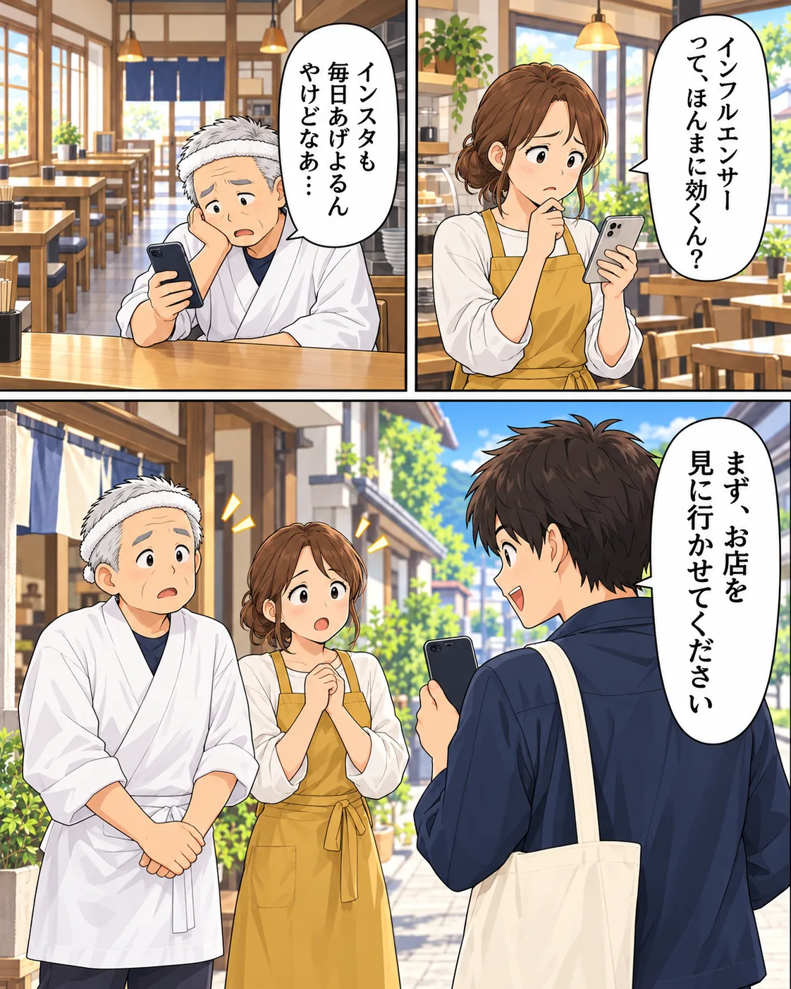 漫画。1コマ目：お昼なのに空席の多いラーメン店で、店主がスマホを見て「インスタも毎日あげよるんやけどなあ…」。2コマ目：カフェの店主がスマホを見て「インフルエンサーって、ほんまに効くん？」。3コマ目：二人の前でスマホを縦に持ったチチトコが「まず、お店を見に行かせてください」。